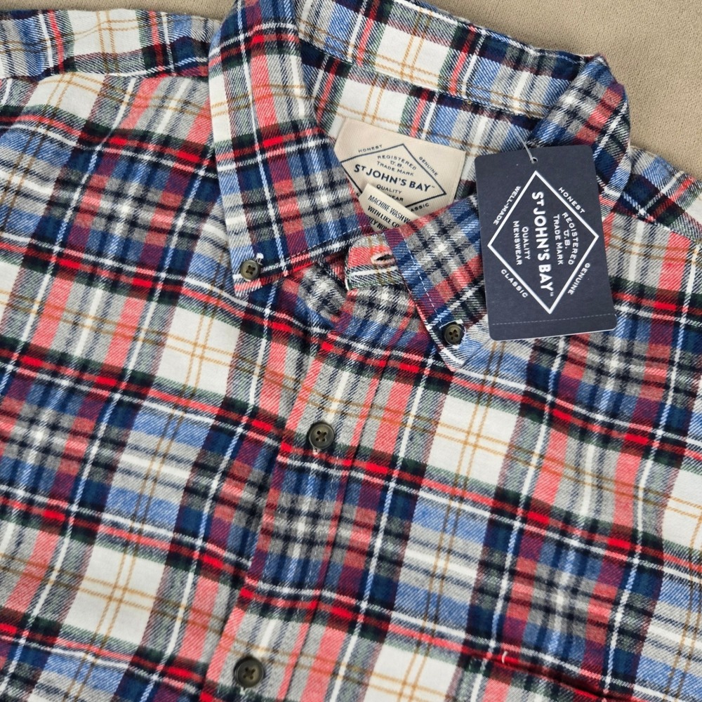 St Johns Bay Mens XL Flannel Shirt Polar Bear Multi Red Blue Plaid NWT 1034A